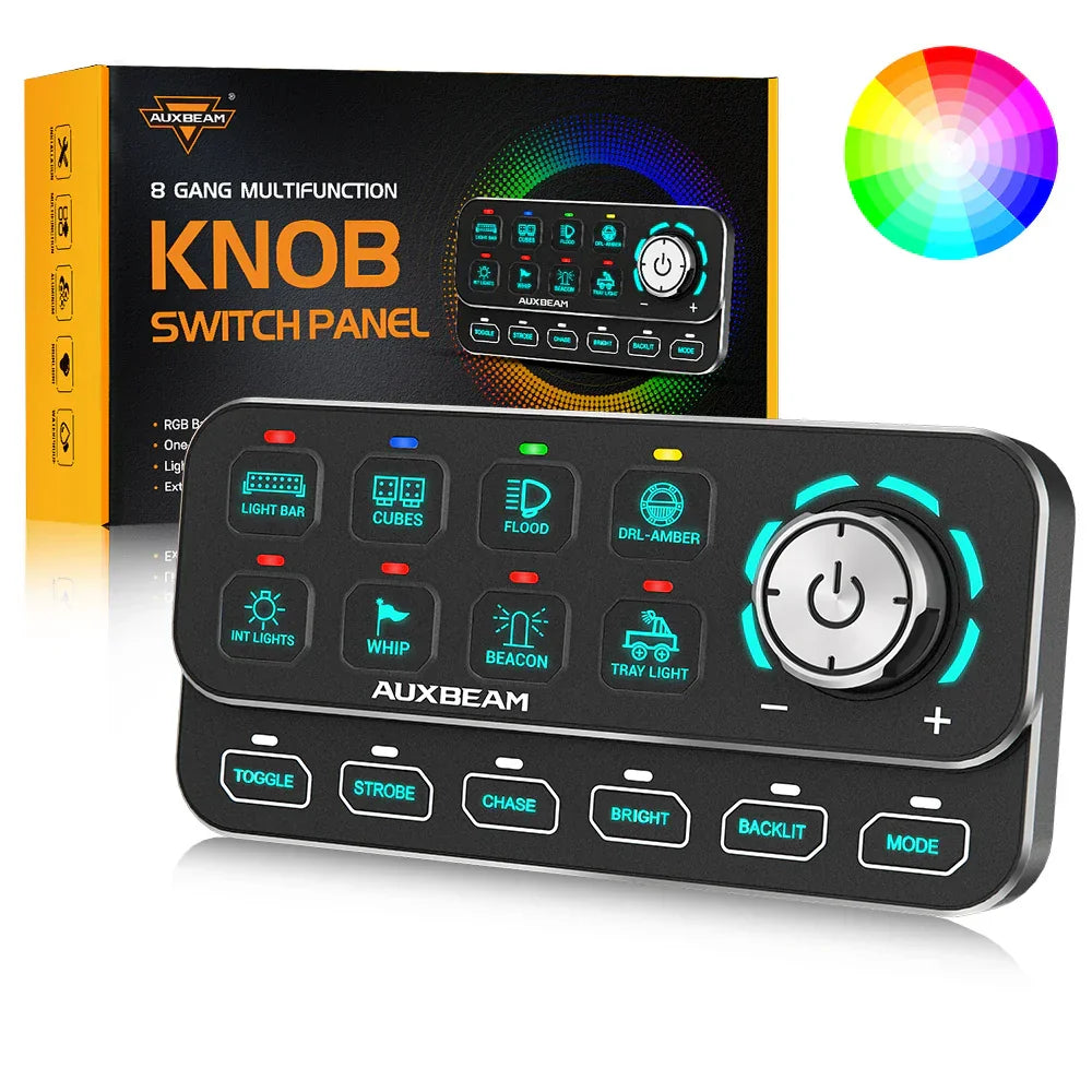 Auxbeam KS-80 KNOB RGB SWITCH PANEL MAX 120A ,LIGHT DIMMING, DYNAMIC CHASE, FOUR EXTERNAL TRIGGERS, 4 MODES