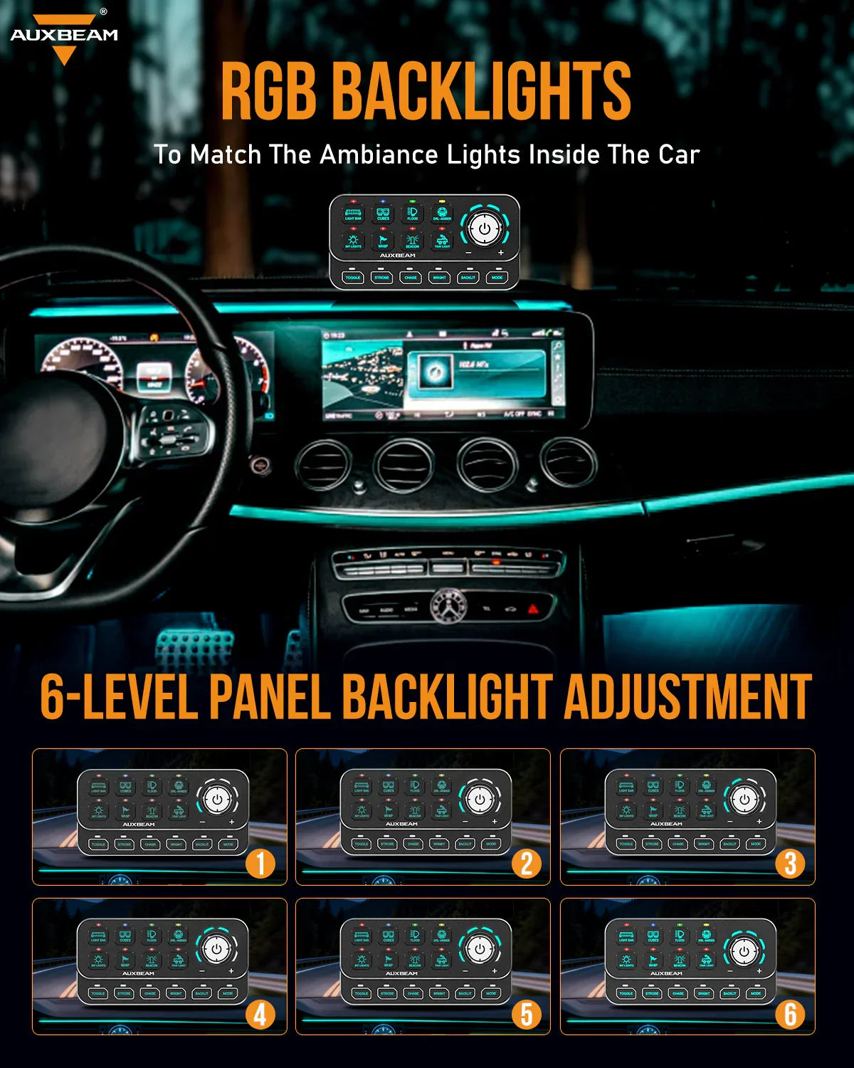 Auxbeam KS-80 KNOB RGB SWITCH PANEL MAX 120A ,LIGHT DIMMING, DYNAMIC CHASE, FOUR EXTERNAL TRIGGERS, 4 MODES