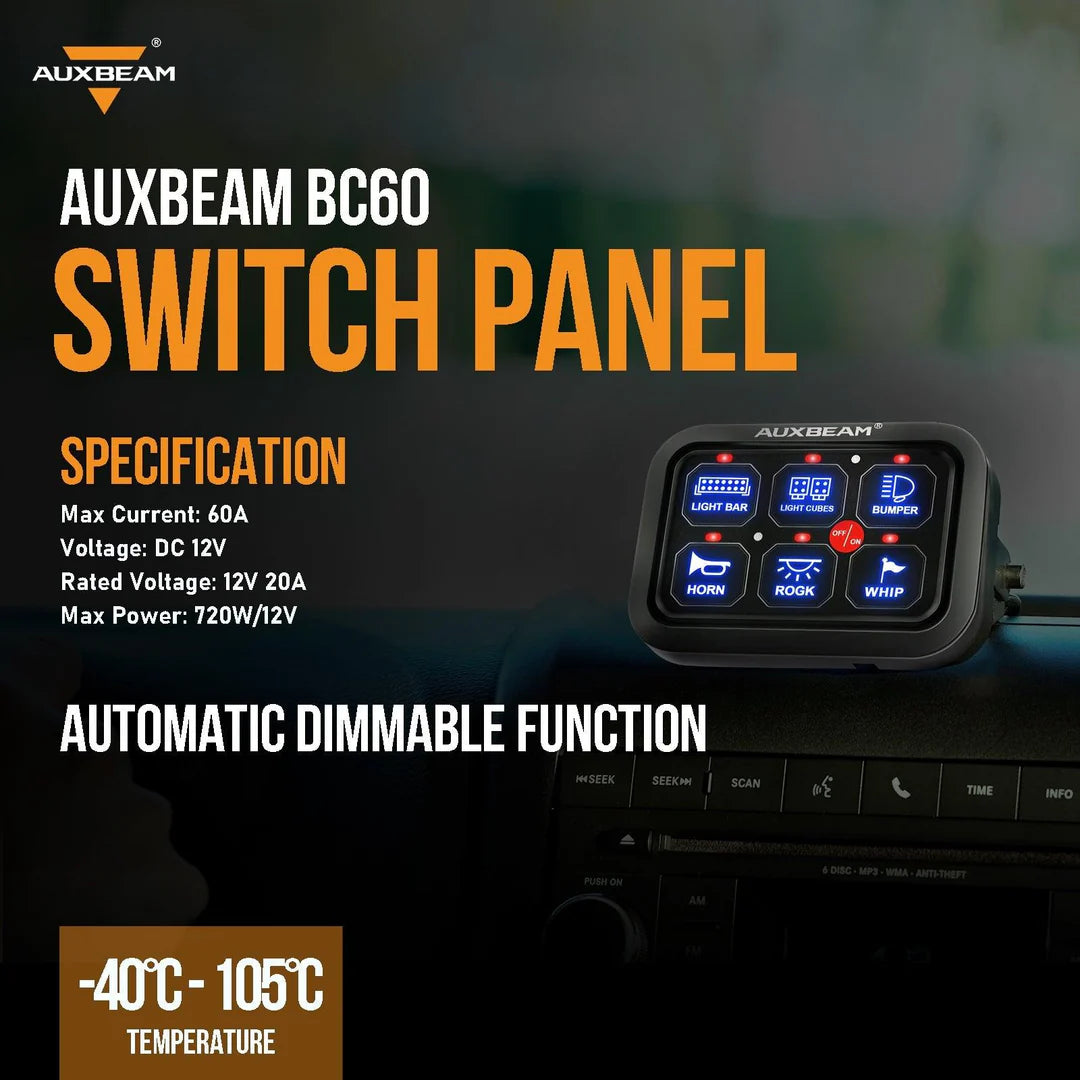 Auxbeam BC60 6 Gang LED Switch Panel, Off Road Light Controller