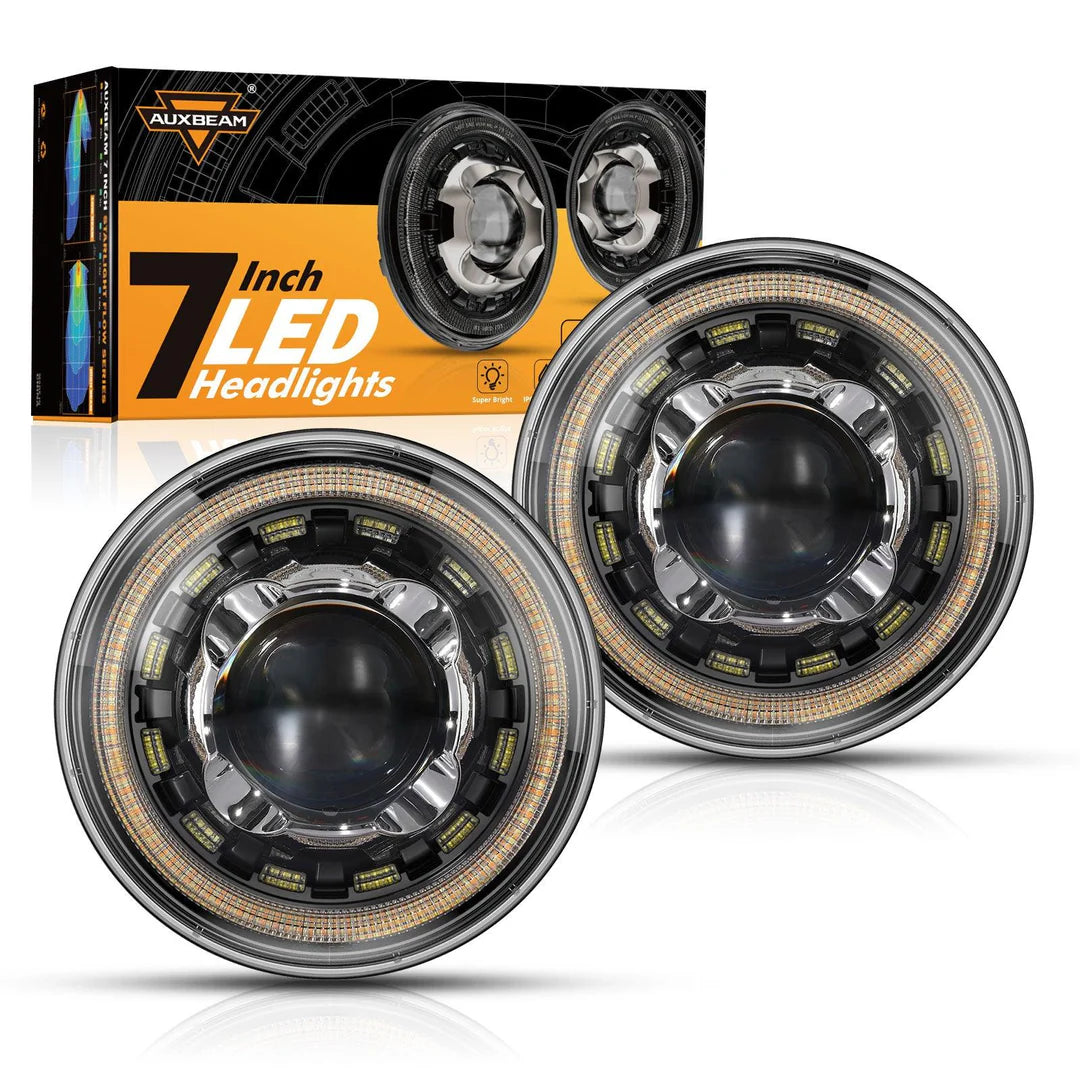 Auxbeam Starlight Flow Series 7 Inch 135W DOT Approved LED Headlights with DRL&Turn Signal High Low Beam for Jeep Wrangler JK TJ LJ CJ Land Rover Defender 90 1997