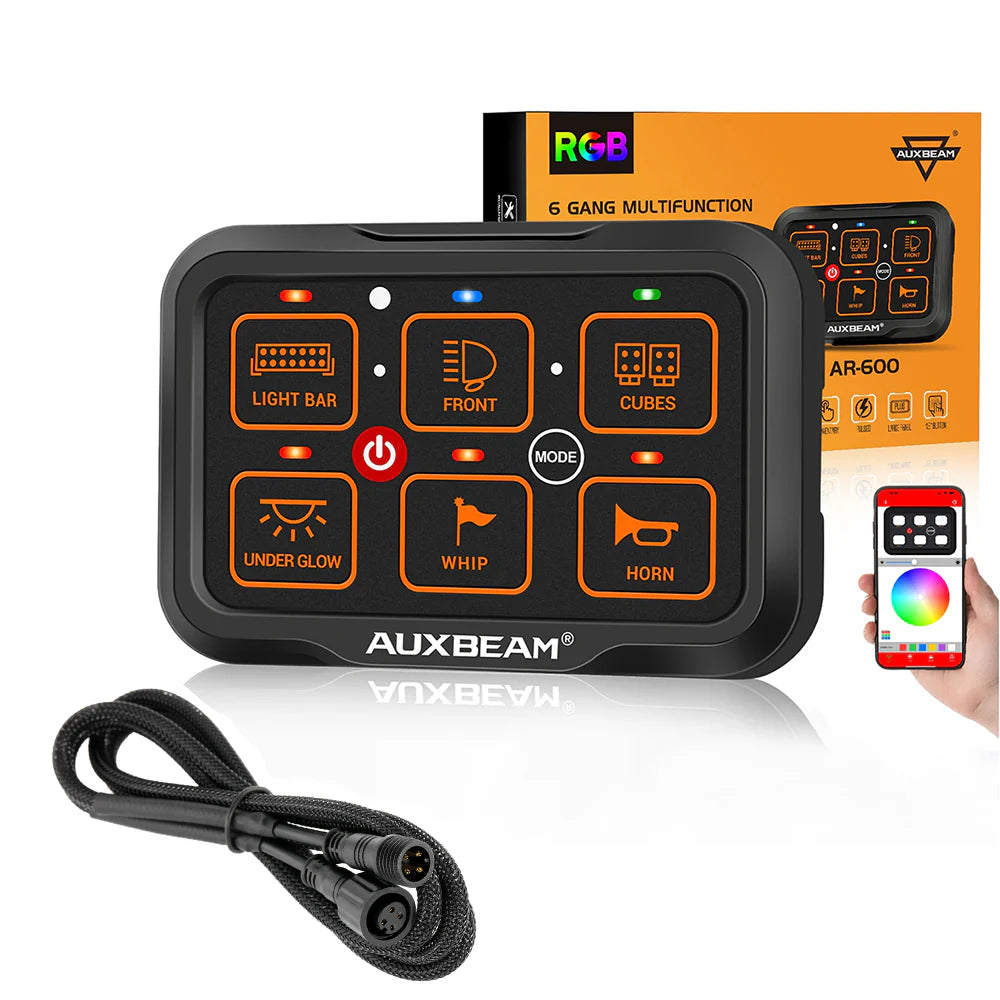 Auxbeam AR-600 RGB SWITCH PANEL WITH APP, TOGGLE/ MOMENTARY/ PULSED MODE SUPPORTED+3.94FT Extension Cable