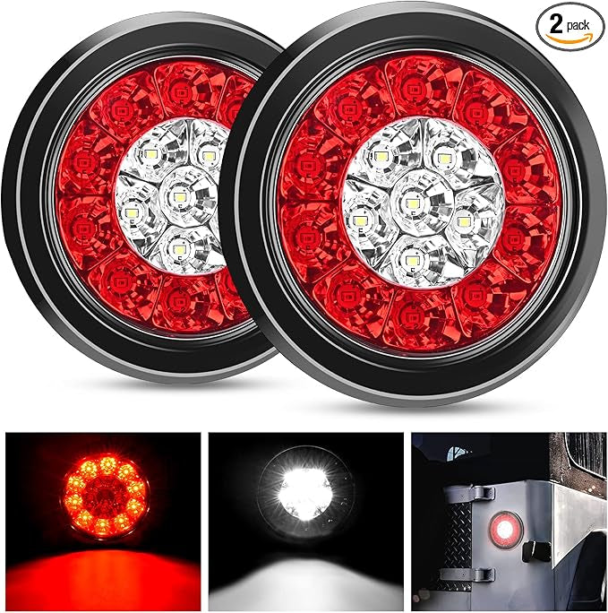 JKB JK Nilight 2PCS 4" Round Red White LED Trailer Tail Lights 16LEDs