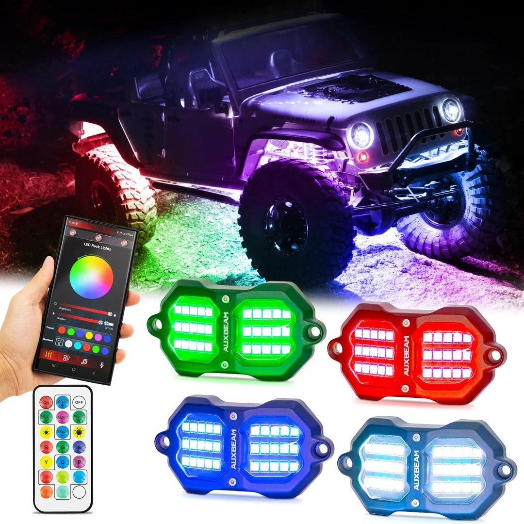 Auxbeam NEW VIBRANT SERIES | UPGRADED RGB LED ROCK LIGHTS KIT MULTICOLOR NEON UNDERGLOW LIGHTS WITH BLUETOOTH APP & REMOTE CONTROL