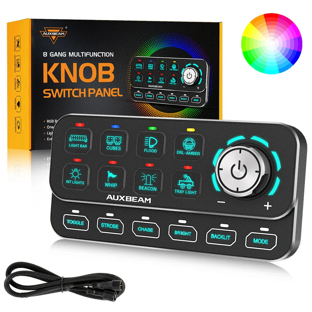 Auxbeam  KS-80 KNOB RGB SWITCH PANEL MAX 120A ,LIGHT DIMMING, DYNAMIC CHASE, FOUR EXTERNAL TRIGGERS, 4 MODES