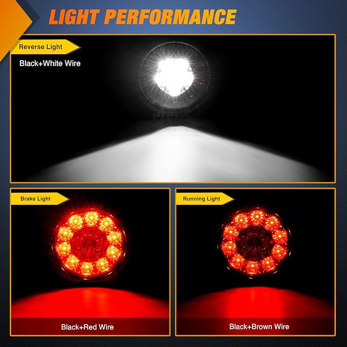 JKB JK  Nilight 2PCS 4" Round Red White LED Trailer Tail Lights 16LEDs