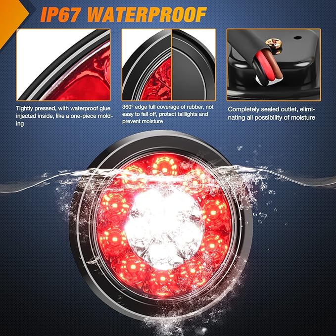 JKB JK  Nilight 2PCS 4" Round Red White LED Trailer Tail Lights 16LEDs