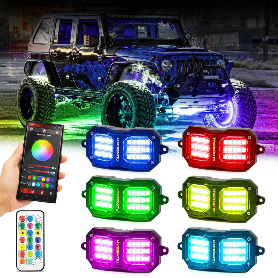 Auxbeam  NEW VIBRANT SERIES | UPGRADED RGB LED ROCK LIGHTS KIT MULTICOLOR NEON UNDERGLOW LIGHTS WITH BLUETOOTH APP & REMOTE CONTROL 6PCS